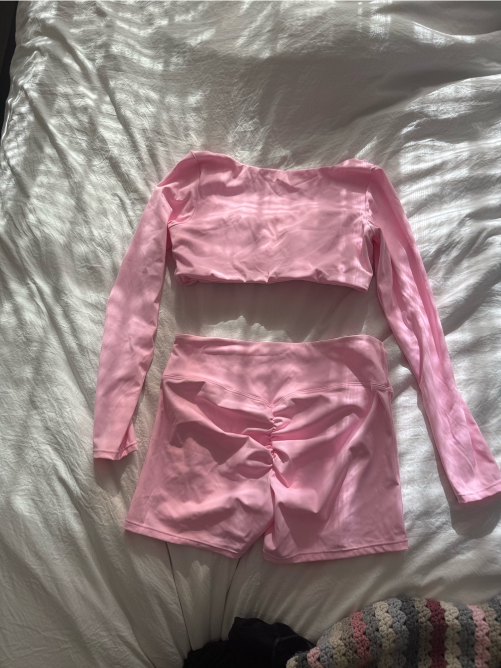 Amazon Essentials Pink Long Sleeve Crop Top and High-Waist Shorts Set
